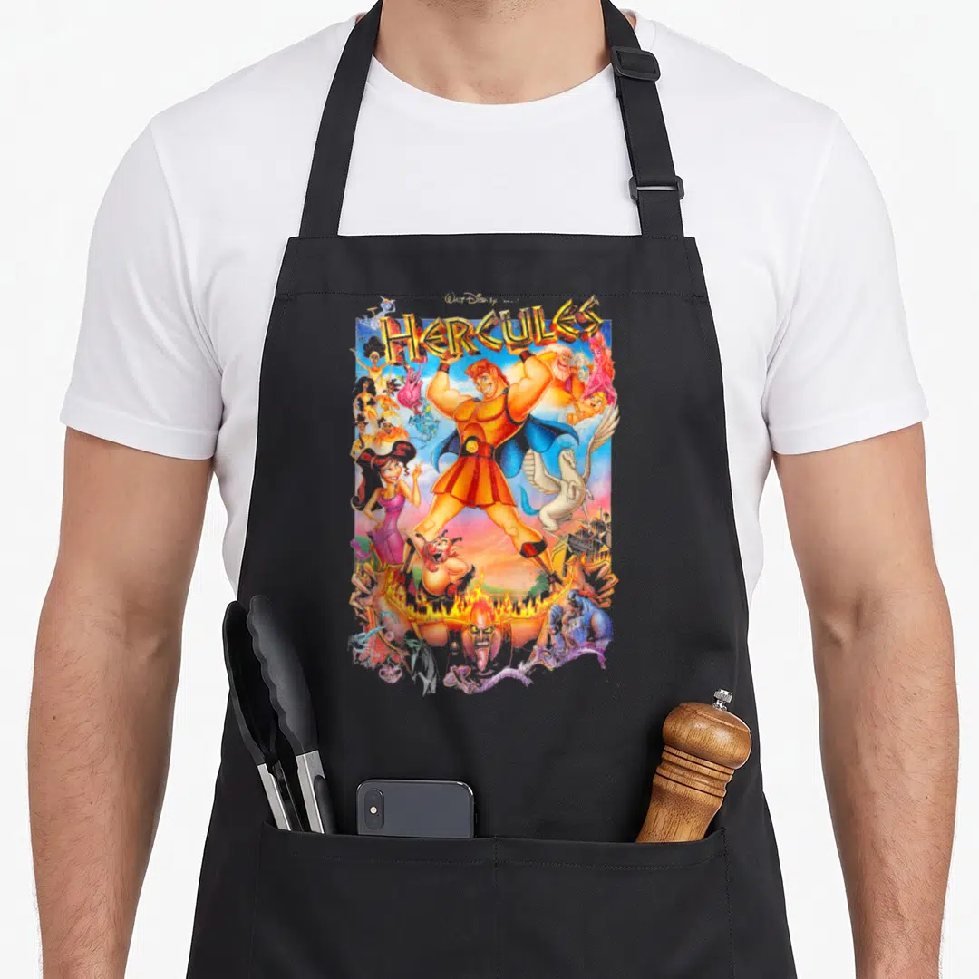 Poison apple apron - Hercules character surrounded by cast members with Hades at bottom in cartoon style — shown on a black cotton canvas apron against a white background