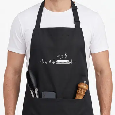 Musician harmonica apron - White harmonica on heartbeat line with musical notes and treble clef — shown on a black cotton canvas apron against a white background