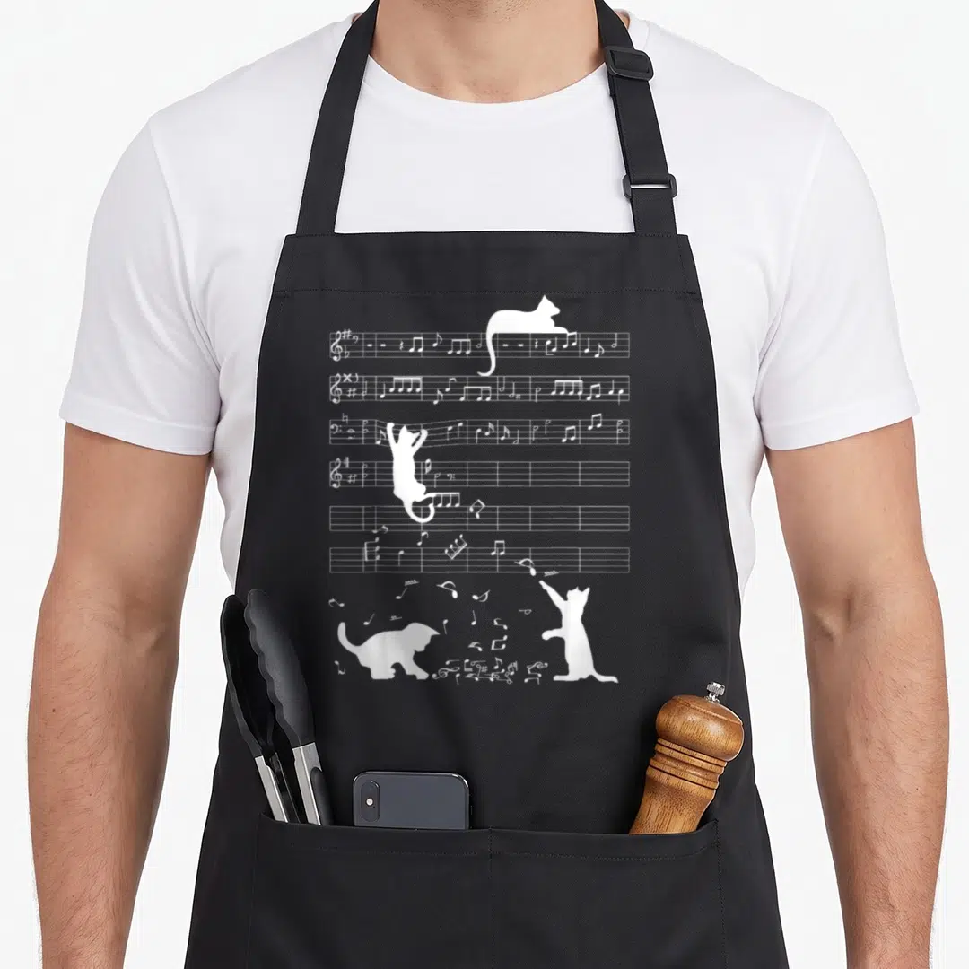 Cat piano apron - Three white cat silhouettes interacting with musical staves and scattered notes — shown on a black cotton canvas apron against a white background
