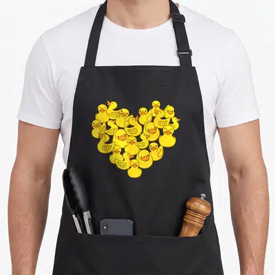 Symbol duck apron - Yellow rubber ducks with orange beaks clustered in a heart shape, cartoon style — shown on a black cotton canvas apron against a white background