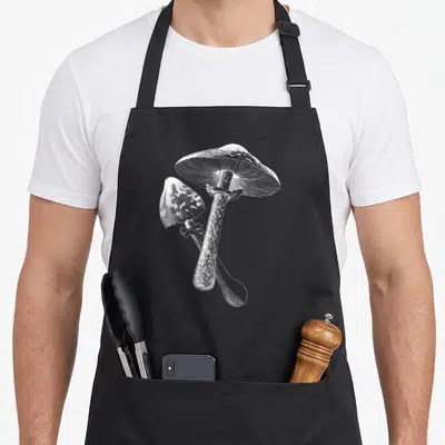 Whisperer foraging apron - Two white mushrooms in line art, one large overlapping a smaller one — shown on a black cotton canvas apron against a white background