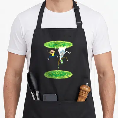 Falling general apron - Rick and Morty falling between two green swirling portals in cartoon style — shown on a black cotton canvas apron against a white background
