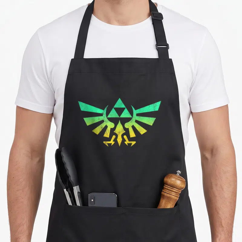 Triforce fade legend apron - Teal and yellow distressed Hylian Crest with triforce and wings on black background — shown on a black cotton canvas apron against a white background