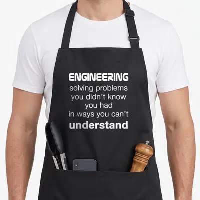 Solving engineer apron - White stacked text reading ENGINEERING solving problems you didn't know you had in ways you — shown on a black cotton canvas apron against a white background