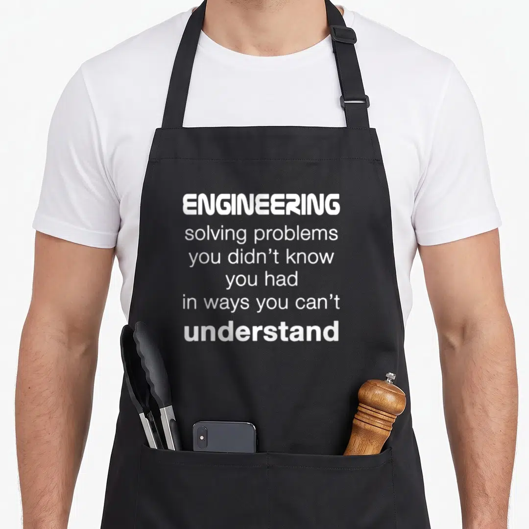 Solving engineer apron - White stacked text reading ENGINEERING solving problems you didn't know you had in ways you — shown on a black cotton canvas apron against a white background