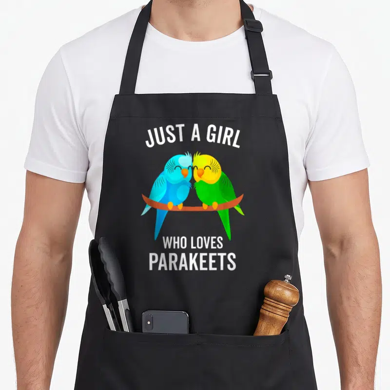 Pet bird apron - Two cartoon parakeets one blue one yellow perched on a branch under white text reading Just A Girl Who — shown on a black cotton canvas apron against a white background