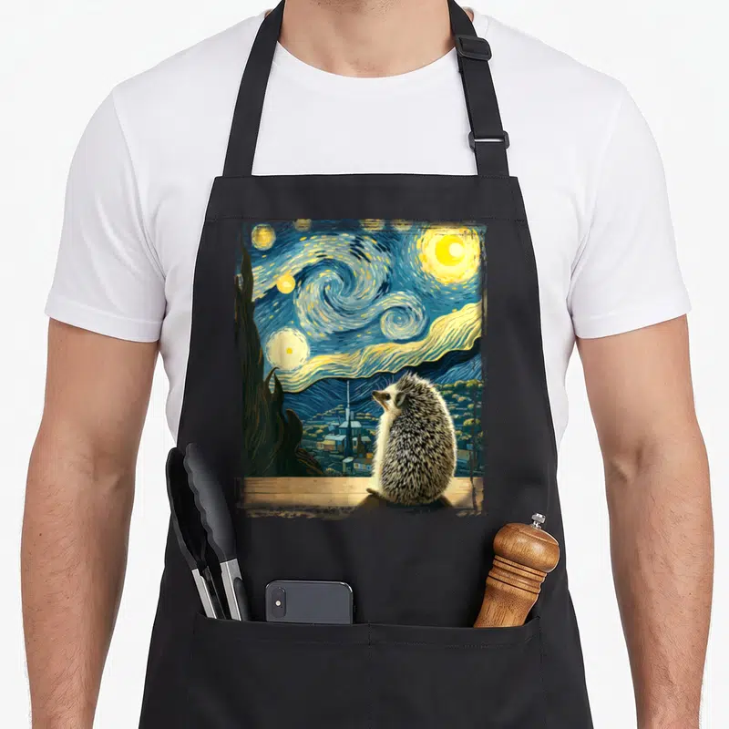 Impressionist van gogh apron - Hedgehog on wooden ledge under swirling blue starry sky with dark green cypress tree — shown on a black cotton canvas apron against a white background