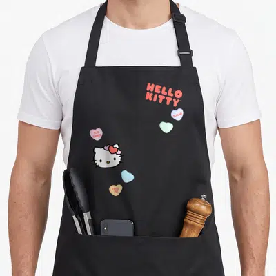 Retro valentine cotton candy apron - Hello Kitty head with red bow and four candy hearts reading Sugar, Too Sweet — shown on a black cotton canvas apron against a white background