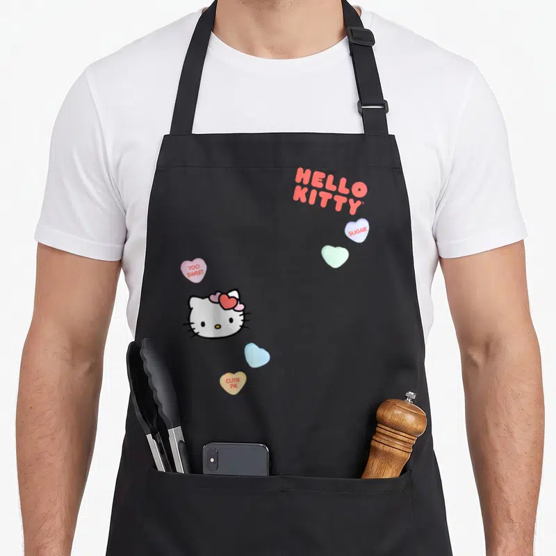 Retro valentine cotton candy apron - Hello Kitty head with red bow and four candy hearts reading Sugar, Too Sweet — shown on a black cotton canvas apron against a white background