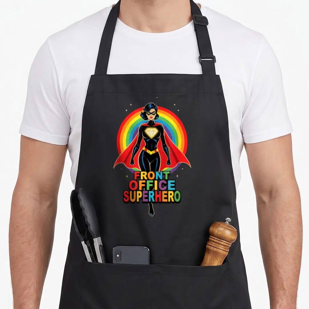 Administrative superhero apron - Cartoon superhero woman in black suit with rainbow circle and stacked text reading — shown on a black cotton canvas apron against a white background