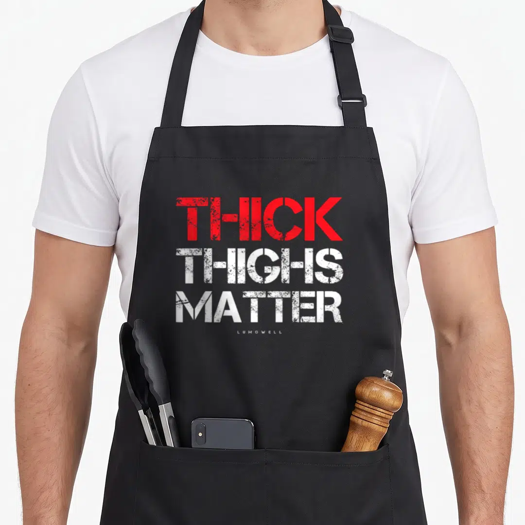 Matter thick aprons - Distressed red and white text reading Thick Thighs Matter stacked vertically — shown on a black cotton canvas apron against a white background