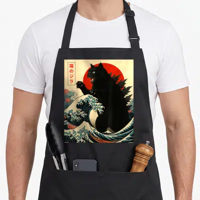 Catzilla japanese cat apron - Black cat with spikes in blue waves under red sun with vertical Japanese text box on beige — shown on a black cotton canvas apron against a white background