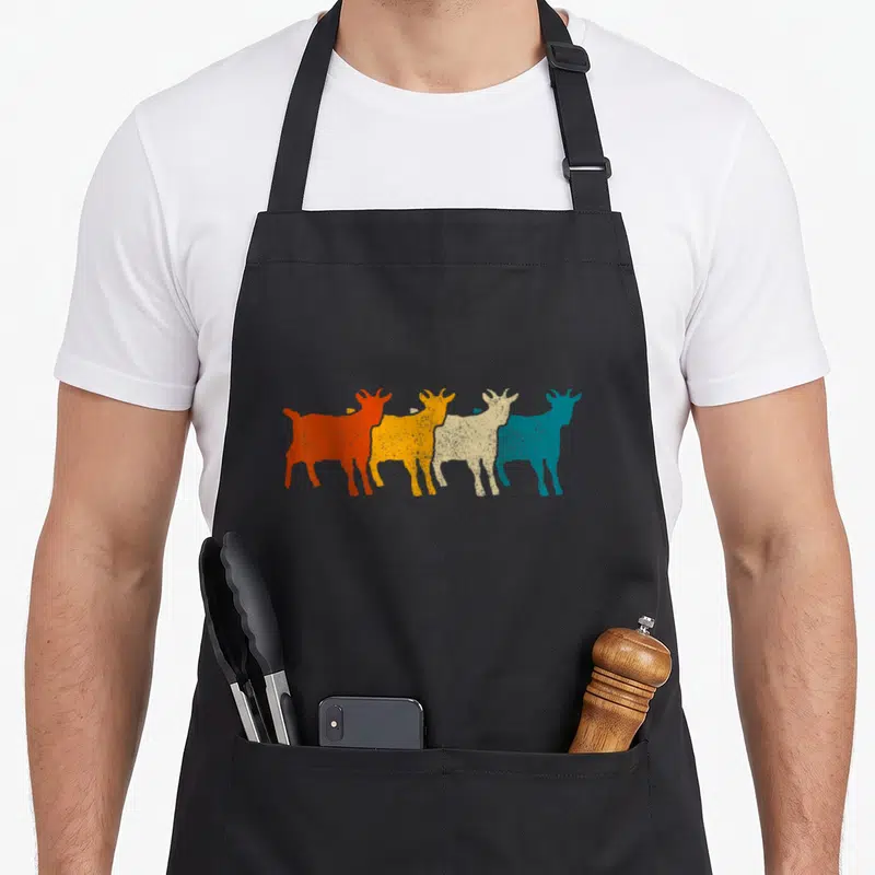 Goat animal farm aprons - Four retro goat silhouettes in orange, yellow, beige, and teal arranged horizontally — shown on a black cotton canvas apron against a white background