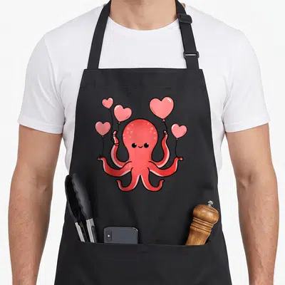 Octopus valentine apron - Red cartoon octopus holding five pink heart balloons — shown on a black cotton canvas apron against a white background