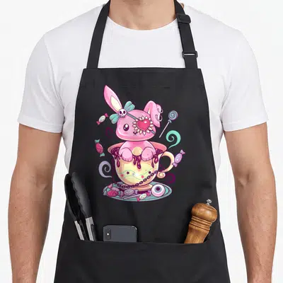 Occult goth apron - Pink bunny with skull bow in yellow teacup with candies and eyeball — shown on a black cotton canvas apron against a white background
