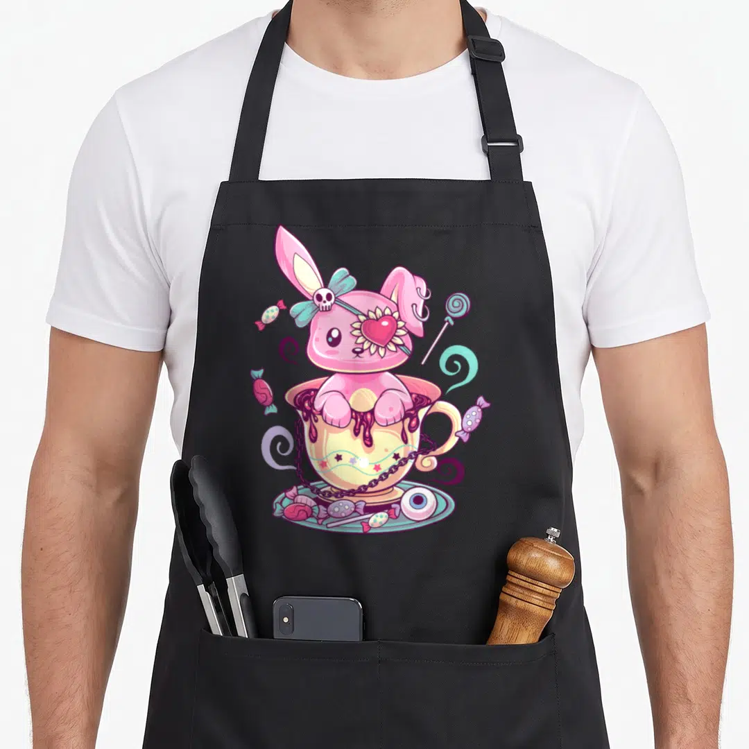 Occult goth apron - Pink bunny with skull bow in yellow teacup with candies and eyeball — shown on a black cotton canvas apron against a white background