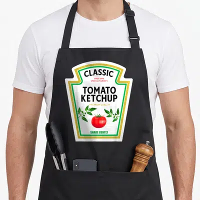 Condiment halloween apron - Realistic tomato ketchup label with red tomato, green leaves, and stacked black text — shown on a black cotton canvas apron against a white background