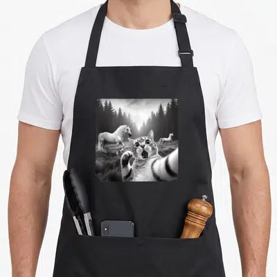 Scared funny cat apron - Black and white photo of a surprised cat taking a selfie with two unicorns in a forest clearing — shown on a black cotton canvas apron against a white background