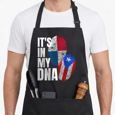 Panamanian puerto heritage aprons - IT'S IN MY DNA text beside two fingerprints filled with Panamanian and Puerto Rican — shown on a black cotton canvas apron against a white background