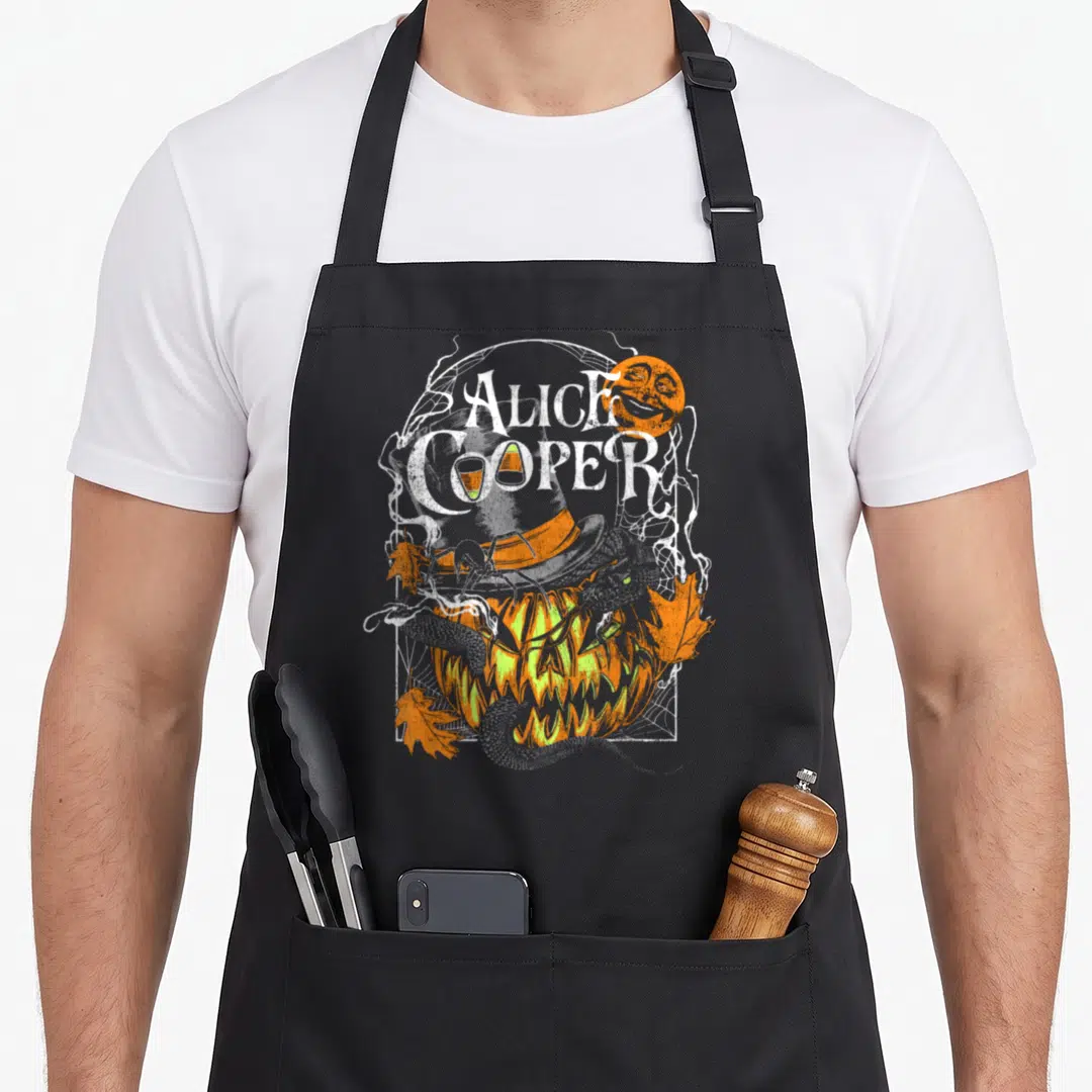 Funny jack o lantern apron - Stacked ALICE COOPER text above top hat jack o lantern with spiderwebs and moon — shown on a black cotton canvas apron against a white background