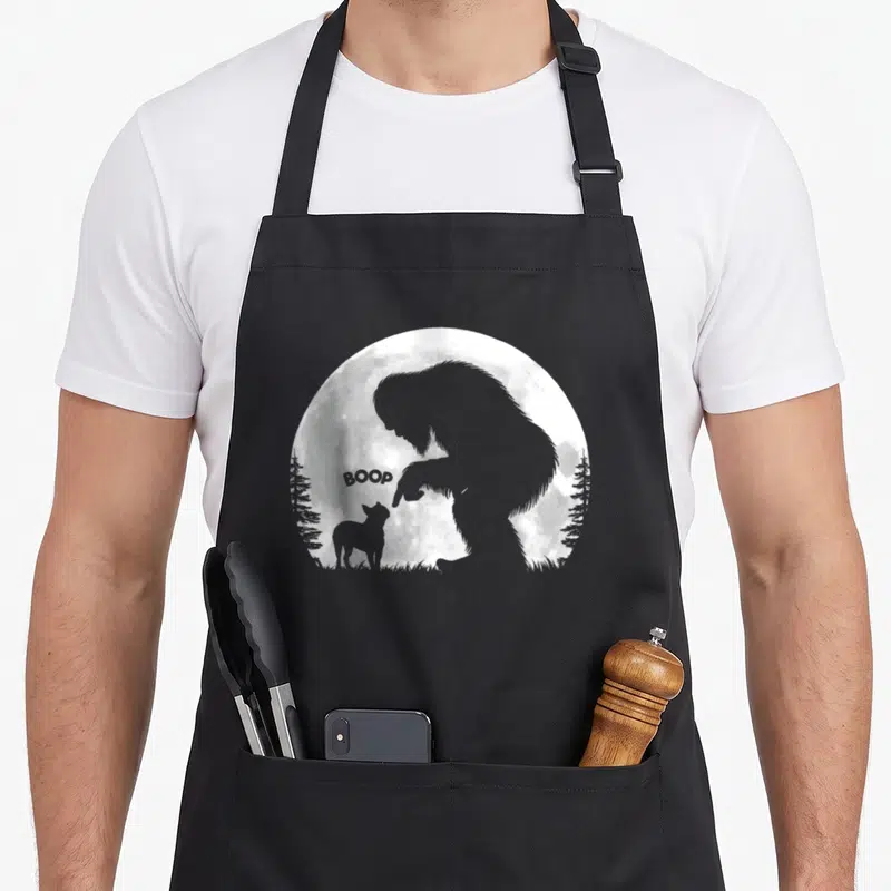 Boop bigfoot apron - Grey bigfoot silhouette booping a small dog nose under a white moon with two flanking trees — shown on a black cotton canvas apron against a white background