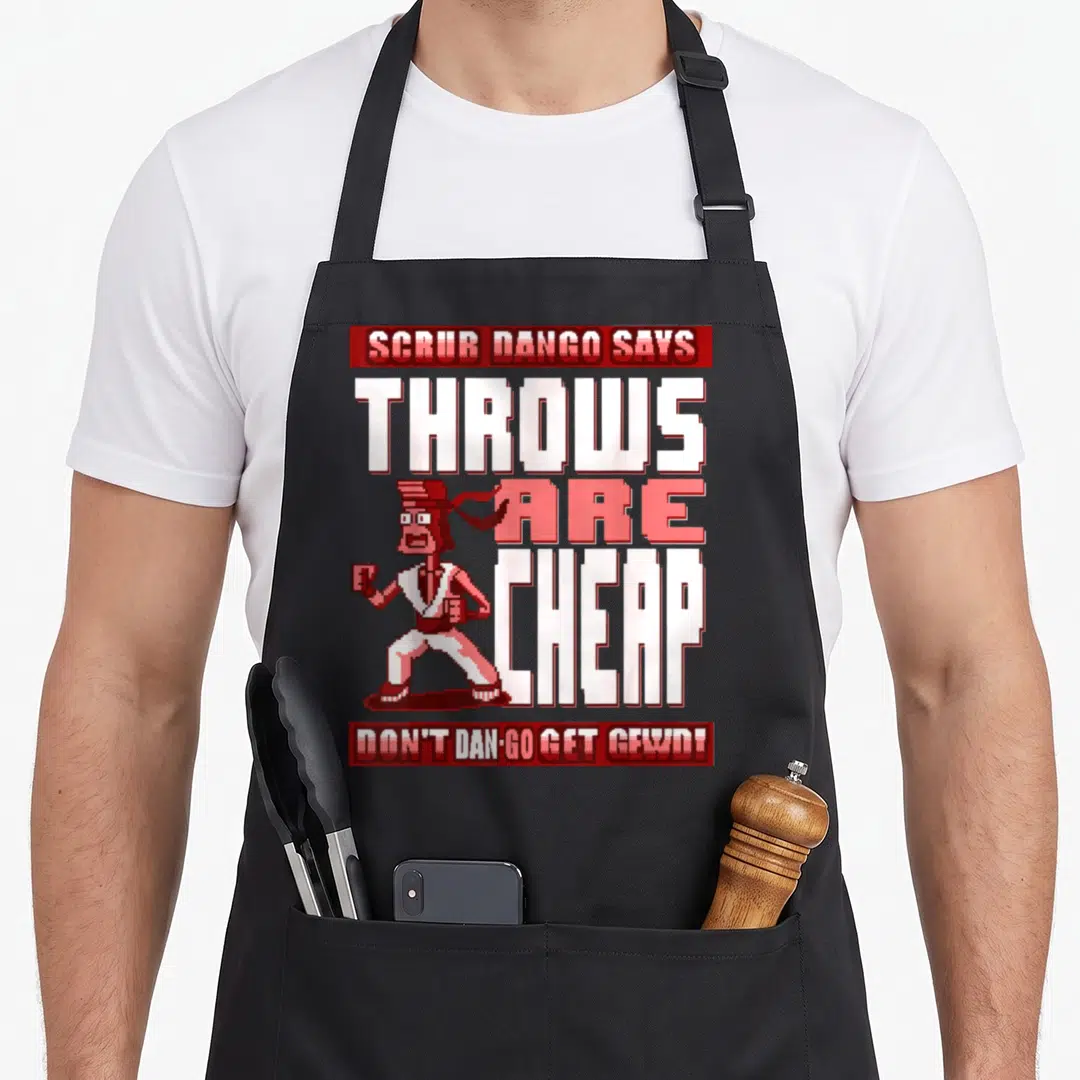Fighting scrub apron - Red and white pixel art fighter overlaid on text Throws Are Cheap with bottom slogan Don't — shown on a black cotton canvas apron against a white background