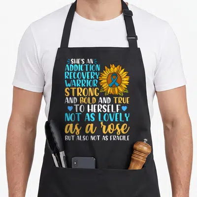 Drug alcohol recovery apron - Sunflower with blue ribbon and stacked recovery warrior text in yellow and blue — shown on a black cotton canvas apron against a white background