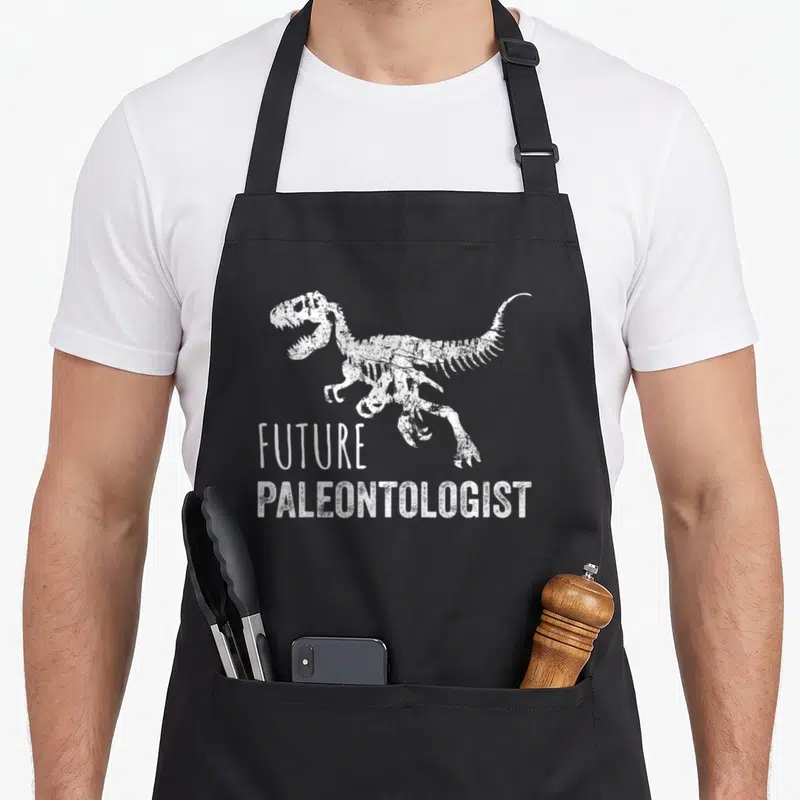 Fan dinosaur apron - Distressed white T-Rex skeleton above stacked FUTURE PALEONTOLOGIST text — shown on a black cotton canvas apron against a white background