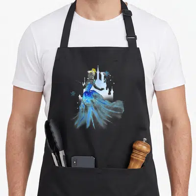 Water cinderella apron - Blonde character in blue dress with two blue birds and white castle silhouette in watercolor — shown on a black cotton canvas apron against a white background