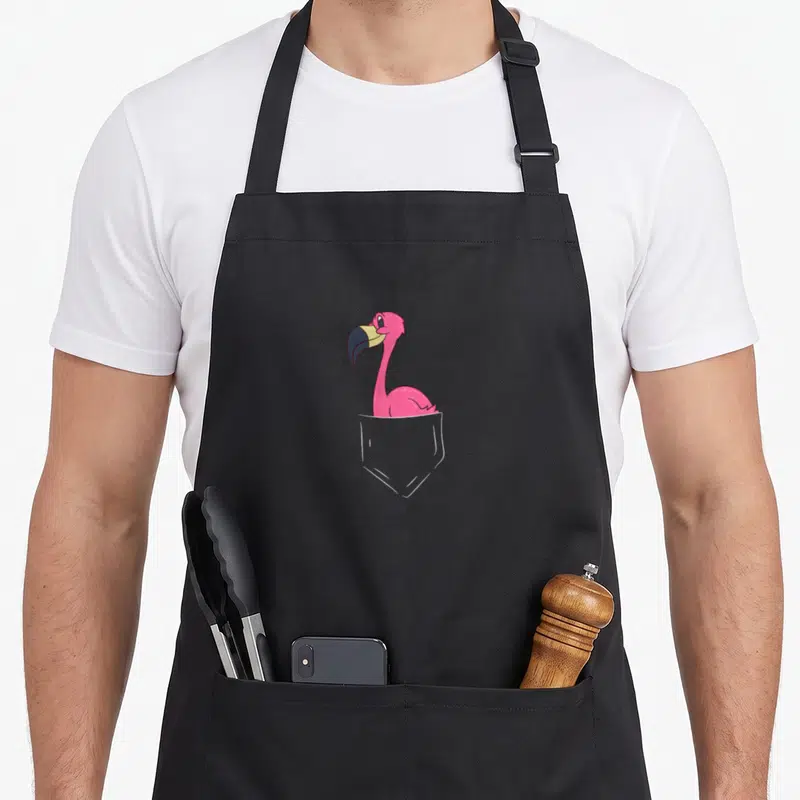 Bag pink flamingo apron - Pink cartoon flamingo inside white outlined pocket on black background — shown on a black cotton canvas apron against a white background