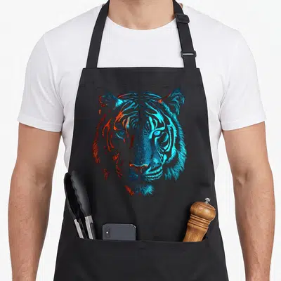 Blue animal apron - Realistic tiger head illustration in blue and orange centered on grey background — shown on a black cotton canvas apron against a white background