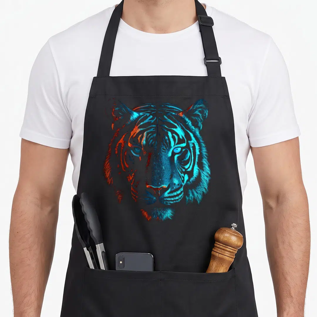 Blue animal apron - Realistic tiger head illustration in blue and orange centered on grey background — shown on a black cotton canvas apron against a white background