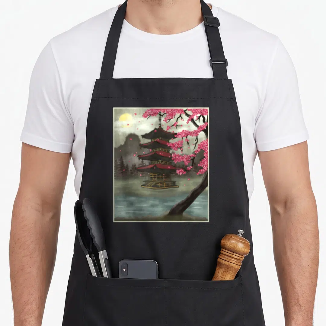 Temple cherry apron - Watercolor pagoda by water with pink cherry blossoms and yellow moon in sky — shown on a black cotton canvas apron against a white background