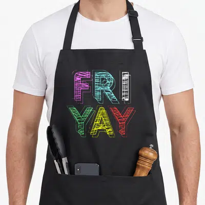 Fri friyay apron - Stacked FRI YAY text in pink blue white green yellow and red block letters — shown on a black cotton canvas apron against a white background