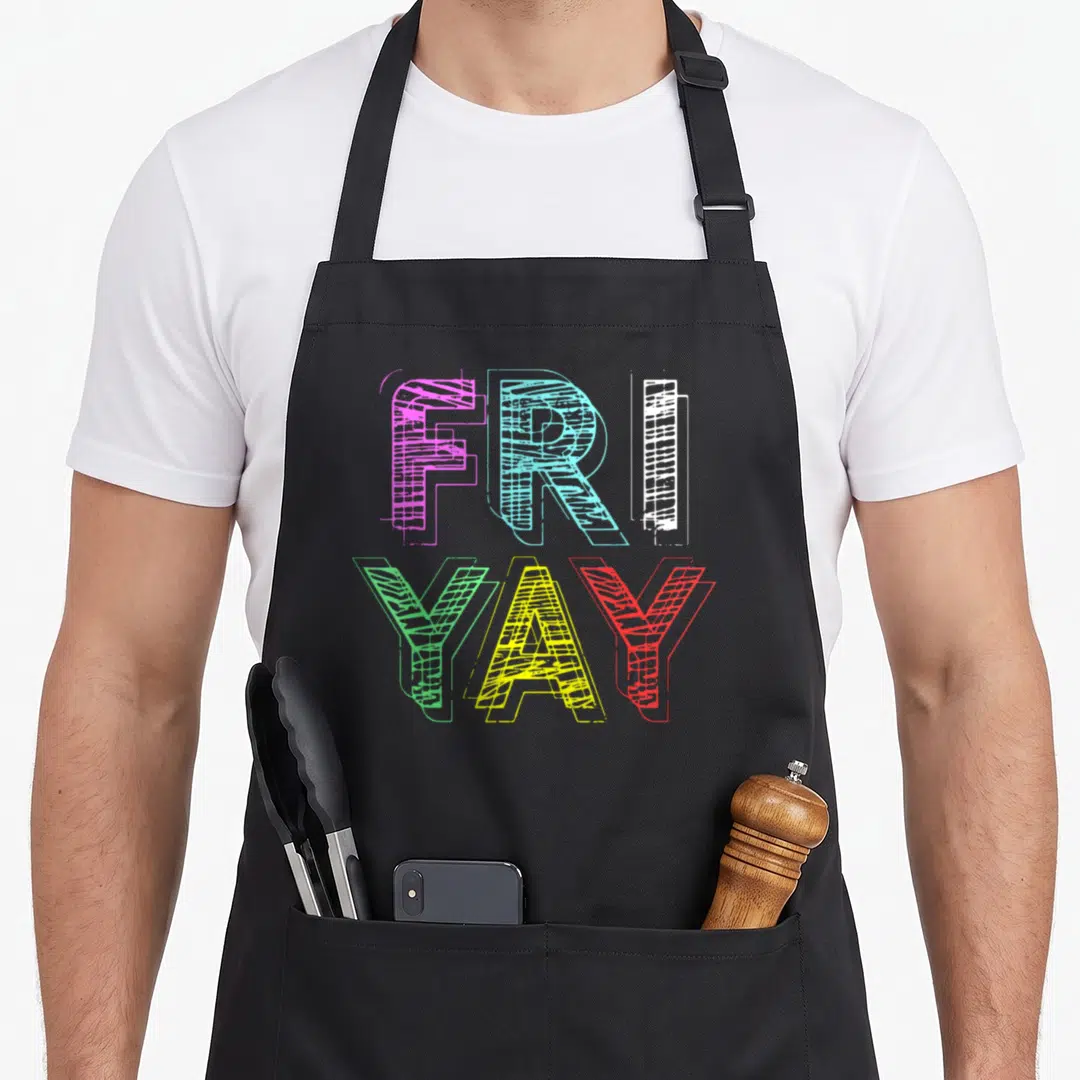 Fri friyay apron - Stacked FRI YAY text in pink blue white green yellow and red block letters — shown on a black cotton canvas apron against a white background