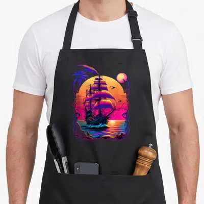 Synthwave colorful aprons - Retro sailing ship on water with neon sunset, palm trees, and moon in purple blue yellow — shown on a black cotton canvas apron against a white background