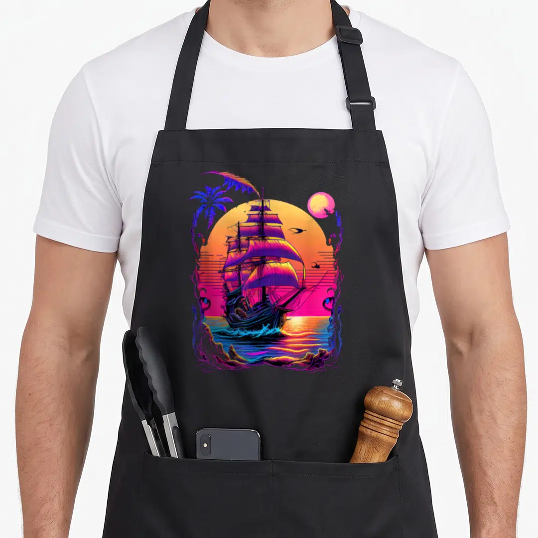 Synthwave colorful aprons - Retro sailing ship on water with neon sunset, palm trees, and moon in purple blue yellow — shown on a black cotton canvas apron against a white background