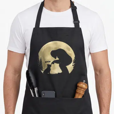 Boop french bulldog apron - Bigfoot and dog silhouette touching noses under yellow moon with BOOP text — shown on a black cotton canvas apron against a white background