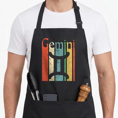 Funny gemini zodiac aprons - Retro Gemini symbol over five vertical stripes in red, cream, teal, yellow, and grey — shown on a black cotton canvas apron against a white background