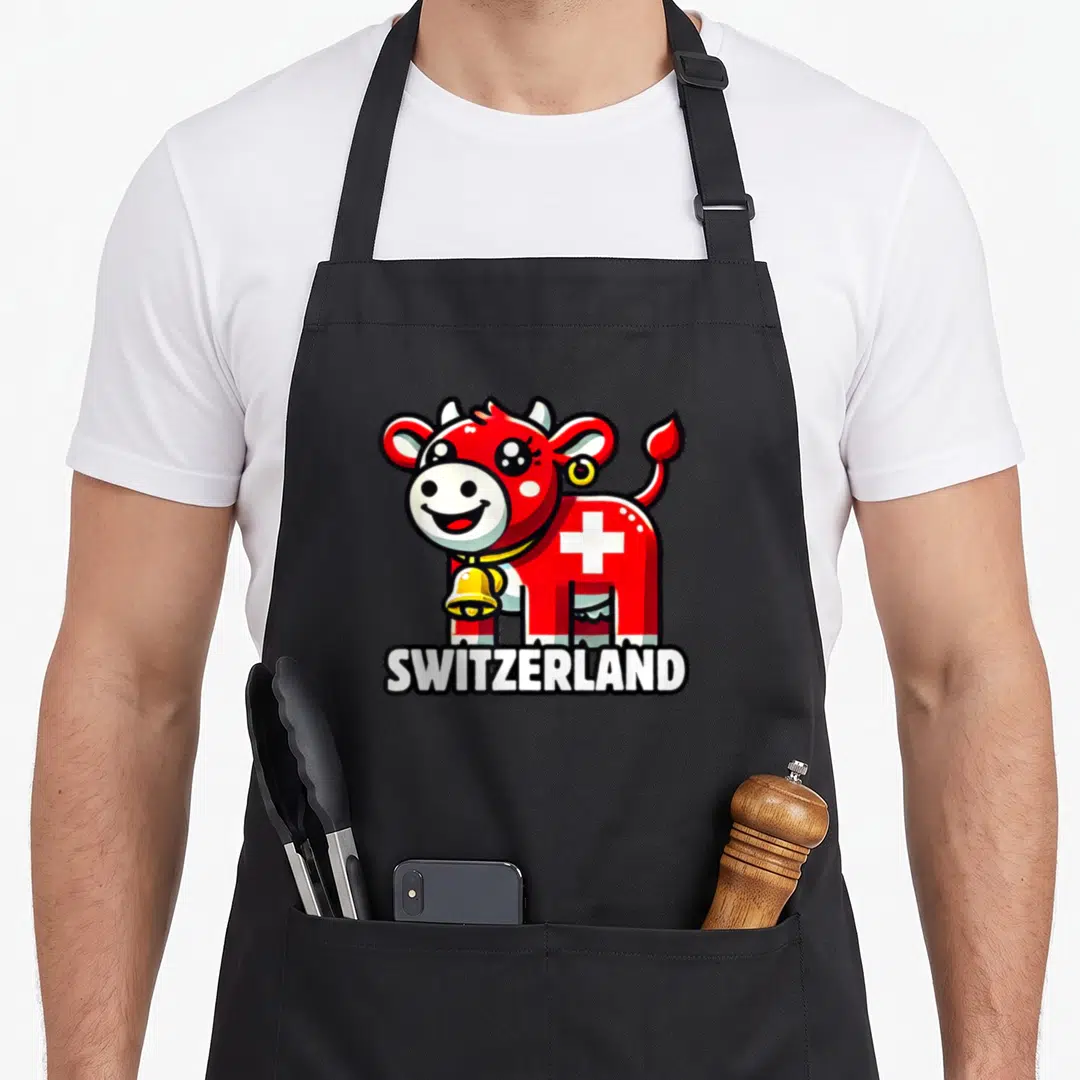 Cow swiss apron - Cartoon red cow with white cross and yellow bell standing above Switzerland text — shown on a black cotton canvas apron against a white background