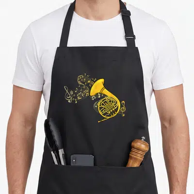 Music french apron - Yellow french horn with swirling musical notes in cartoon style — shown on a black cotton canvas apron against a white background