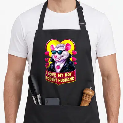 Rat husband apron - Cartoon rat in sunglasses and leather jacket on yellow heart with red banner text — shown on a black cotton canvas apron against a white background