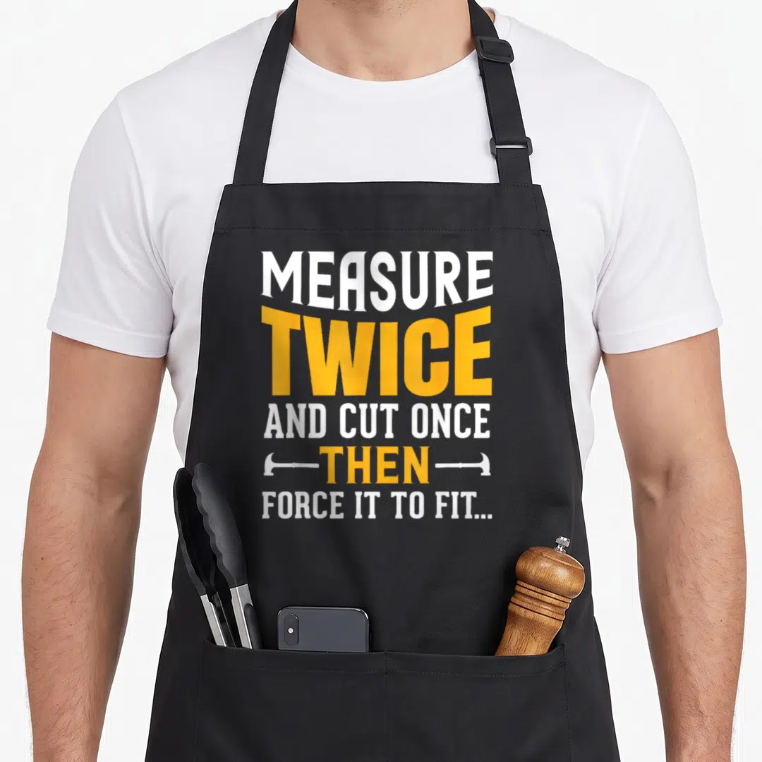 Cute carpenter woodworking apron - Stacked text reading MEASURE TWICE AND CUT ONCE THEN FORCE IT TO FIT with hammer — shown on a black cotton canvas apron against a white background