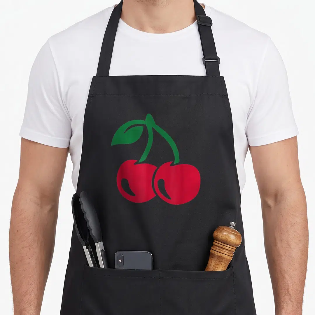 Funny cherry apron - Two red cherries connected by a curved green stem with a single green leaf — shown on a black cotton canvas apron against a white background