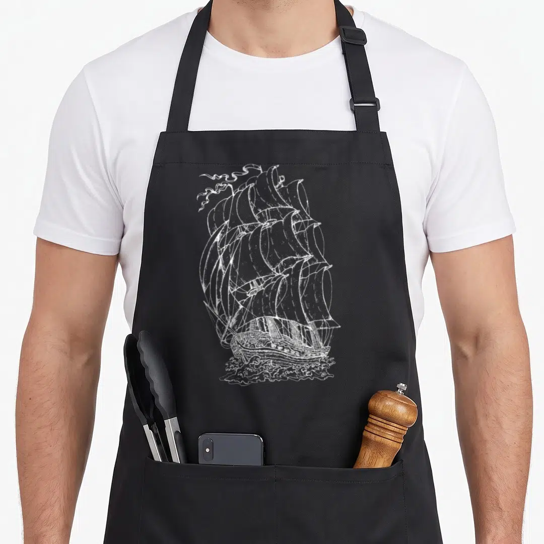 Ship nautical apron - White line drawing of a sailing ship on waves in vintage style — shown on a black cotton canvas apron against a white background