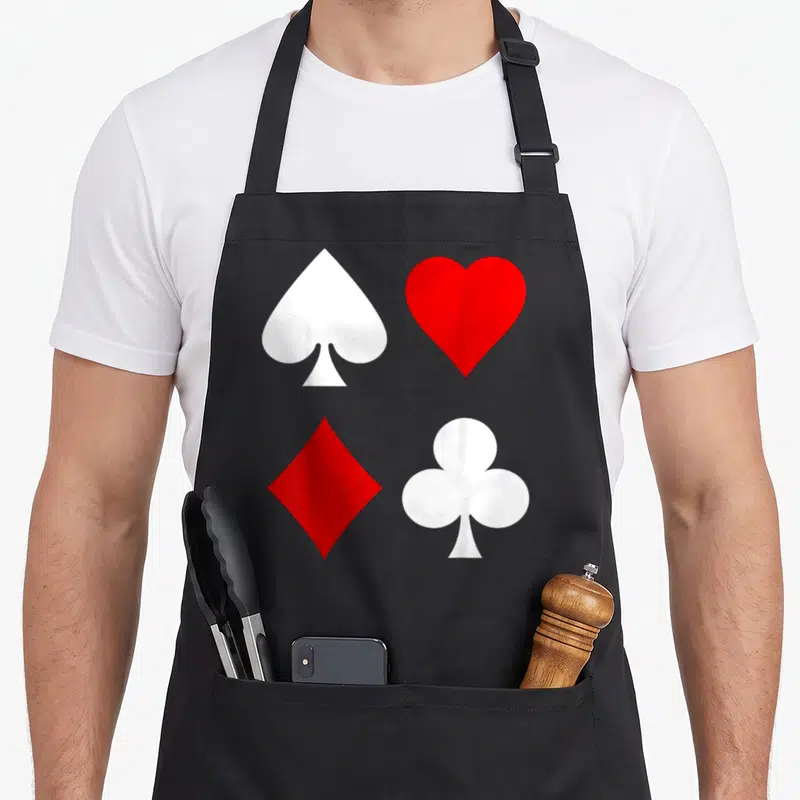 Diamond poker apron - Four card suits spade heart diamond club white red grid — shown on a black cotton canvas apron against a white background