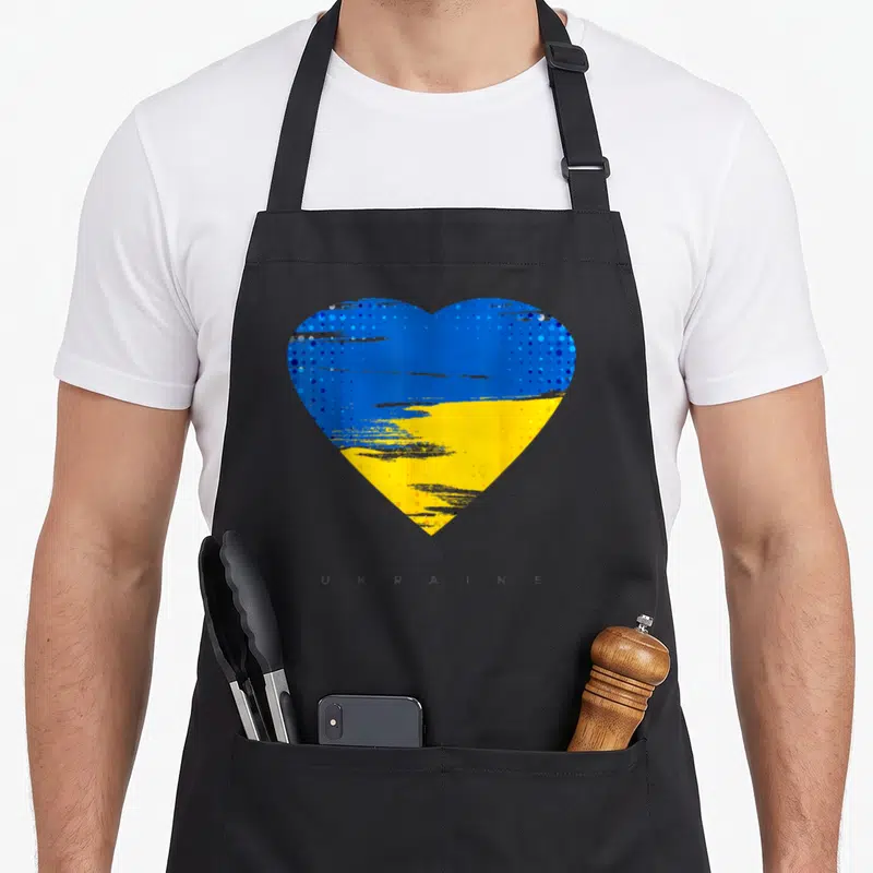 Ukraine flag pride ukrainian aprons - Blue and yellow heart with grey brush strokes above spaced UKRAINE text — shown on a black cotton canvas apron against a white background