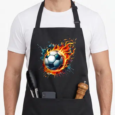 Flaming colorful aprons - Cartoon soccer ball with flames and colorful paint splashes in blue orange yellow white — shown on a black cotton canvas apron against a white background