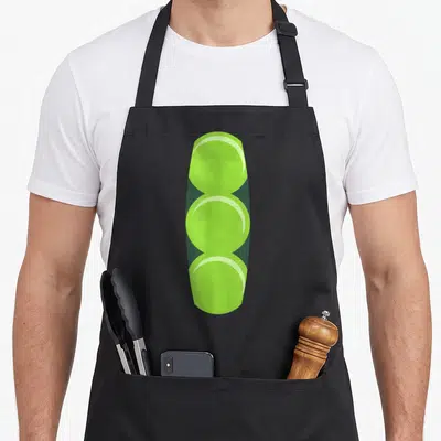 Pod halloween apron - Three lime green circles stacked vertically representing peas in a pod — shown on a black cotton canvas apron against a white background