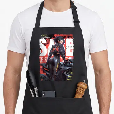 Pin motorcycle aprons - Woman in armor leaning on motorcycle with large SAFE text and orange accents on red background — shown on a black cotton canvas apron against a white background